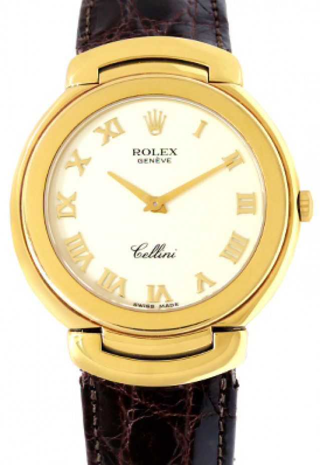 Rolex 6623 Yellow Gold on Strap, Smooth Bezel Ivory with Gold Roman